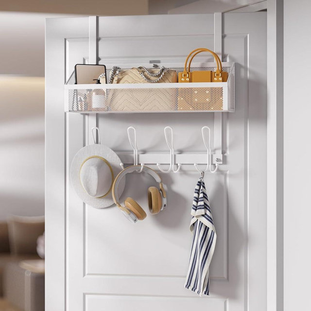 Upesitom Over The Door Hooks Organizer with 12 Hooks, Over The Door Storage Rack with Mesh Basket, Back of Door Storage Organizer for Bedroom,Bathroom,Kitchen, Pantry, White