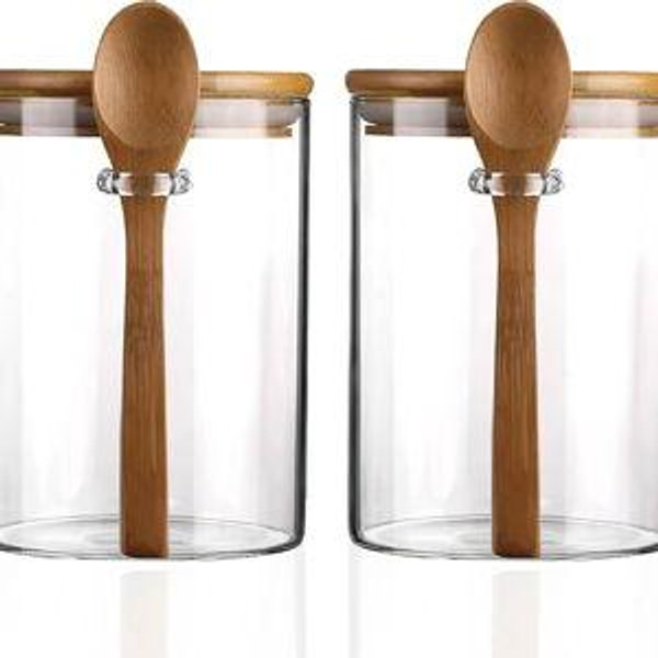 Set of 2 Glass Storage Canister with Wooden Spoon