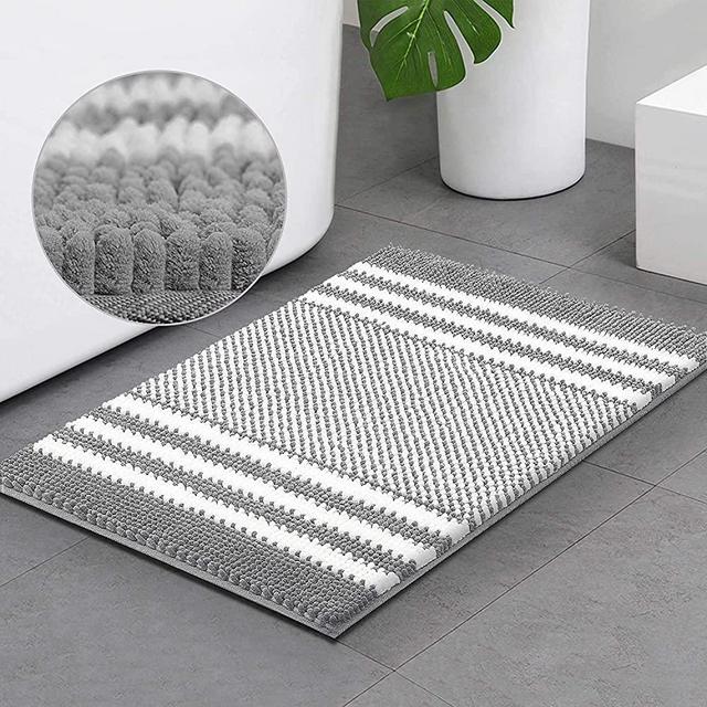 Bsicpro Chenille Bath Rug for Bathroom Shaggy Mat Shower Mats 24 x 16inch Super Non Slip Water Absorbent Carpet Stripe Pattern Plush Rugs for Tub, Shower, Bath Room(Grey)