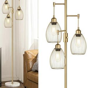 Dimmable Floor Lamp, Industrial Floor Lamps for Living Room, Gold Tree Lamp Standing Lamp Tall Lamps with 3 Elegant Teardrop Cage Head & 800 Lumens LED Bulbs for Living room Bedroom Office Dining Room