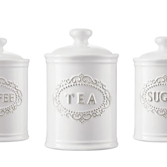 TAWCHES Relief Vine Ceramic Canisters Sets For The Kitchen Canisters For Countertop Set of 3 Airtight Coffee Canisters For Ground Coffee Sugar Container Tea Storage Jars With Lids Farmhouse Decor