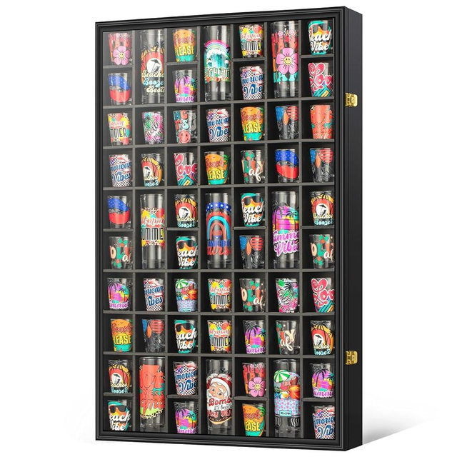 Shot Glass Display Case 61 Large Capacity Shot Glass Holder with HD Acrylic Front 98% UV Protection Solid Wooden Wall Mounted Cabinet for Shot Glass Collection