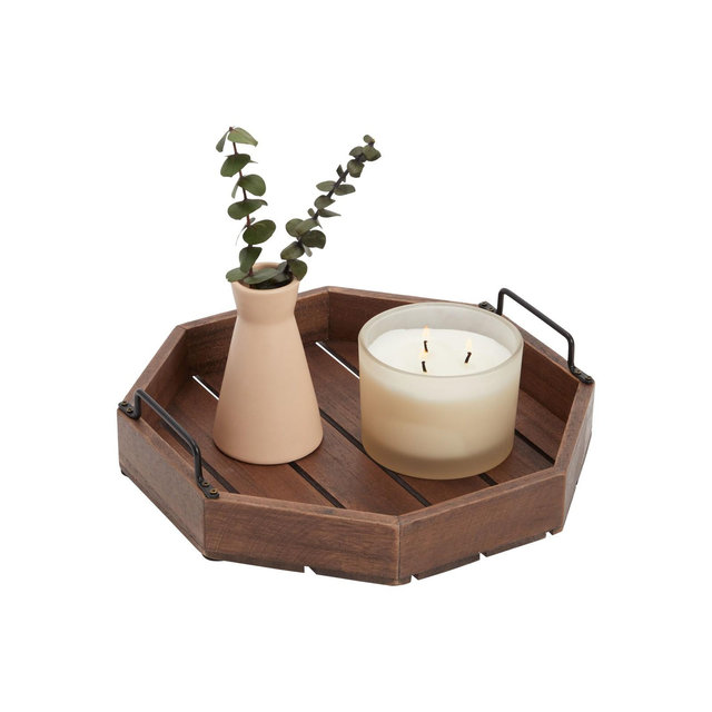 Decorative Rustic Wooden Serving Tray with Metal Handles for Candles, Coffee Table, Farmhouse Home Decor