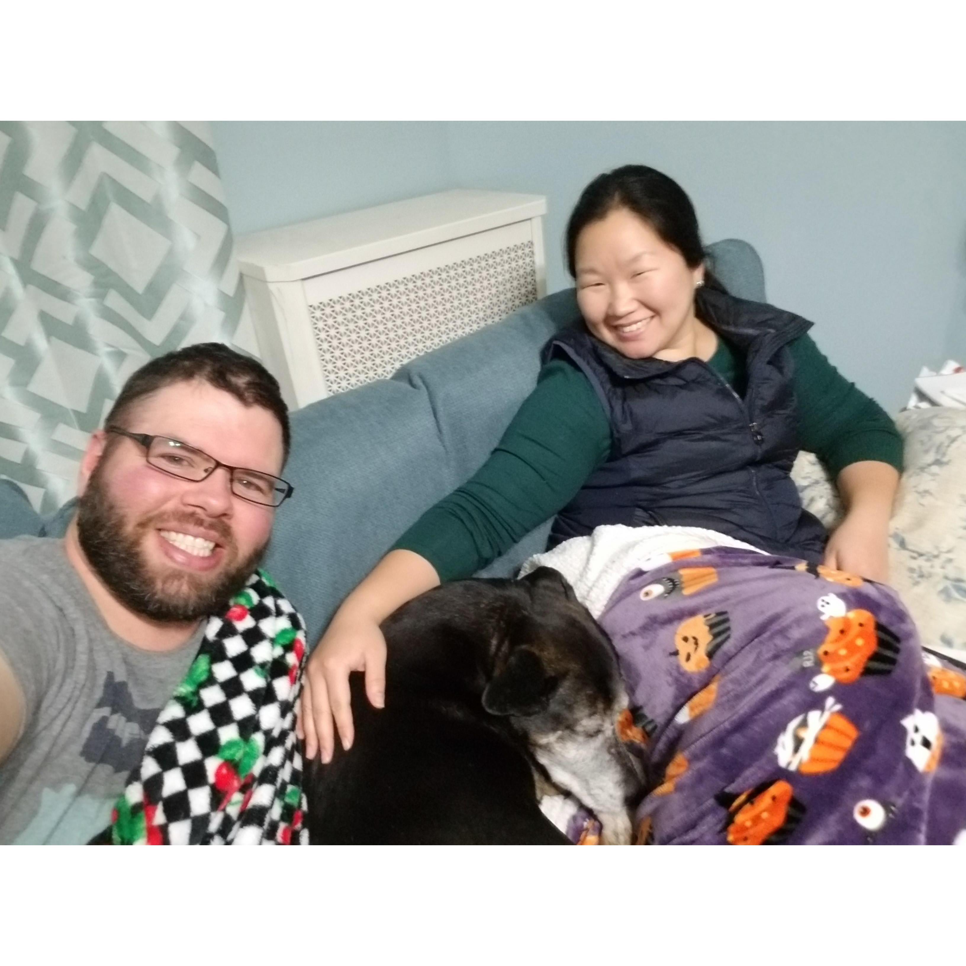 Cuddling with Wally on the sofa at home!