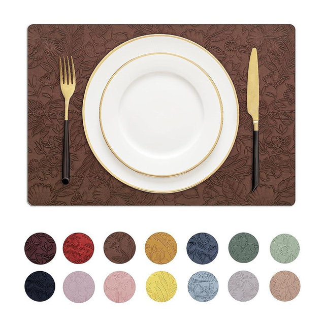 Romanstile Vinyl Placemats Set of 8-12 X 17 Inch - Heat Resistant Non-Slip Embossed Floral Place Mats 100% Waterproof Oilproof Wipeable Faux Leather Table Mats for Kitchen/Dining/Party, Brown