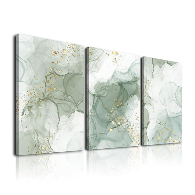Sage Green Wall Art Set of 3,Abstract Green Wall Decor Living Room,Minimalist Modern Framed Wall Art Marble Line Beige Gold Green Canvas Artwork Paintings,Green Boho Room Decor,Bedroom Bathroom Office Wall Decoration,12"x16"