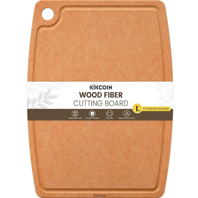 Kikcoin Wood Cutting Board, Cutting Boards for Kitchen Dishwasher Safe Non-slip Chopping Board with Juice Groove, Wood Fiber Composite Cutting Board with Hanging Hole, 17.3"*12.8"