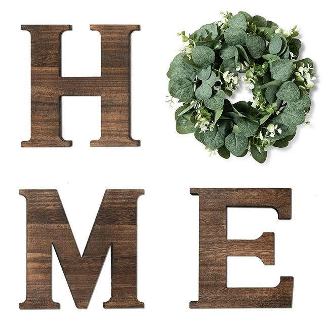 Yoleshy Wooden Home Sign with Artificial Eucalyptus Wreath for O, 9.8'' Home Letters with Wreath for Wall Hanging Decor, Rustic Wall Letters Decor for Living Room, Entry Way, Kitchen, Etc (Brown)