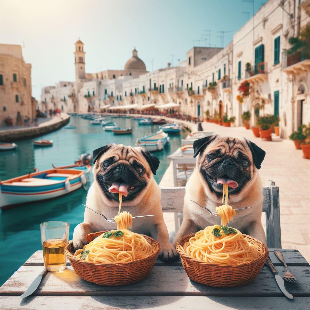 So sad we can't bring our two pugs, but here is an image of them enjoying pasta in Puglia