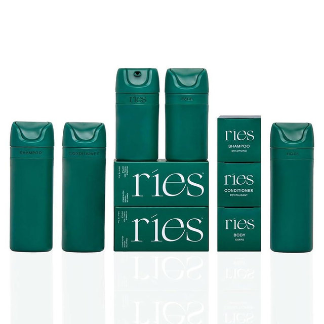 RIES Essential Refillable Toiletry Travel Bottles – Set of 5 (3.4oz & 1.7oz) Airless Pump Containers for Shampoo, Conditioner, Body, Face – Leak-Proof, TSA-Approved, Dishwasher Safe- Escapade Green