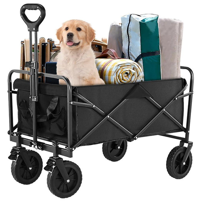 Sweetcrispy Collapsible Foldable Wagon Cart, Large Capacity Garden Beach Cart with All-Terrain Wheels, Heavy Duty Utility Grocery Wagon with Drink Holders for Shopping Sports Camping - 35IN Black
