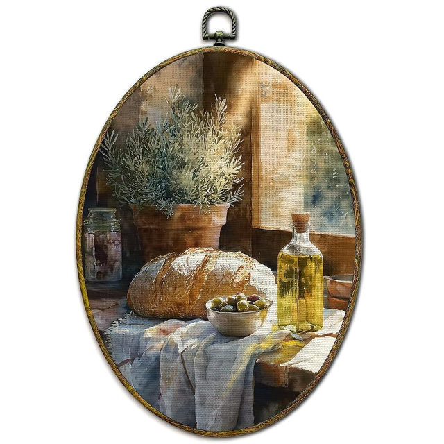 XFCICRLJ Vintage Bread Olive Oil Kitchen Wall Art Decor, Farmhouse Moody Oval Canvas Prints Framed, Rustic Country Cottagecore Wall Art Decorations for Bakery Kitchen Dining Room Decor, 11x8.5 Inch