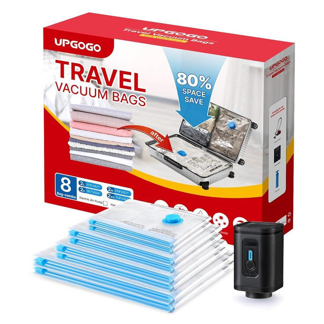 UPGOGO Travel Vacuum Bags with Prtable Electric Pump (Combo 8 Pack),Vacuum Seal Bags for Clothing,Space Saver Vacuum Storage Bags,Vacuum Travel Bags for Luggage,Travel Essentials