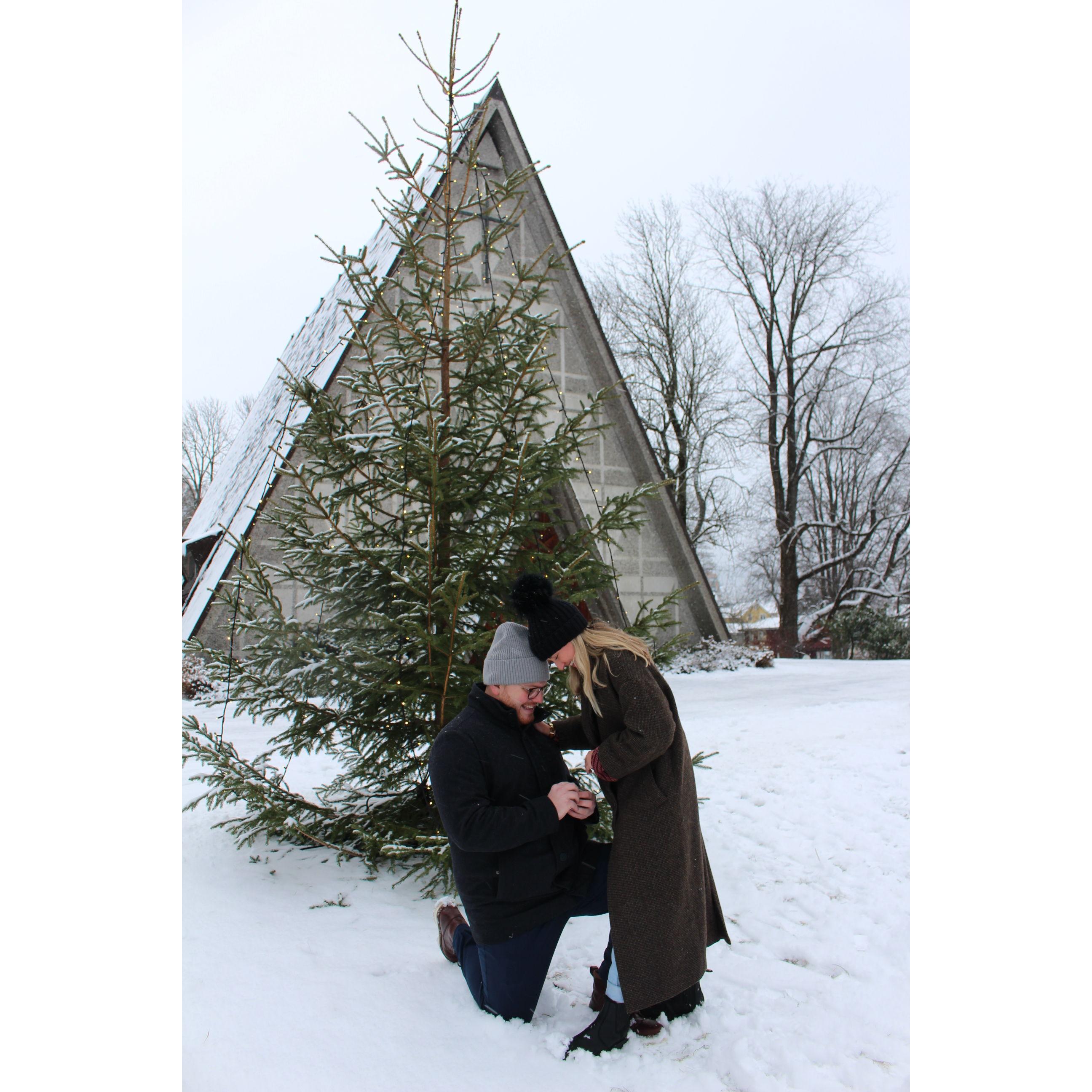 Our engagement, in front of the church where Martine's parents, John and Nora, were married. Oslo, Norway - December 2023
