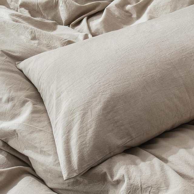 MooMee Bedding Pillowcases 100% Washed Cotton Linen Like Textured Breathable Durable Soft Comfy (Tannish Linen Grey, Standard)