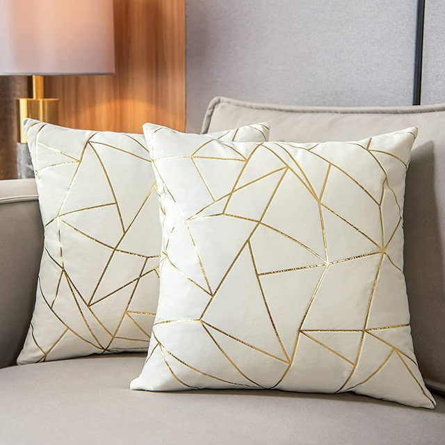 YONGLIU Pack of 2 Velvet Cushion Cases Decorative Gold Foil Geometric Pattern Throw Pillow Covers for Modern Homes Sofa Bedroom Couch Car Living Room(White and Gold, 18“X18”)