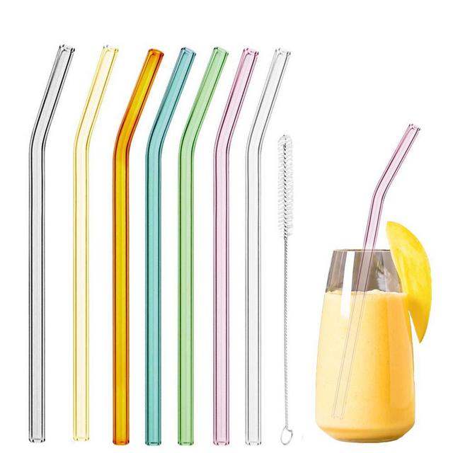 Reusable Glass Straws Set of 7 Drinking Straws with 1 cleaning brush for Drinks,Milk,Juice, Traveling (7Bent)