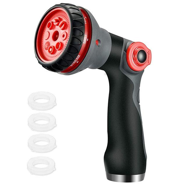 Homitt Garden Hose Nozzle One-Piece, 8 Spray Patterns Hose Nozzle, Easy Thumb Up Control Open and Adjust Plenty Water, High Pressure Water Hose Nozzle for Garden,Pet,Plant, 4PCS Washers, 175 psi