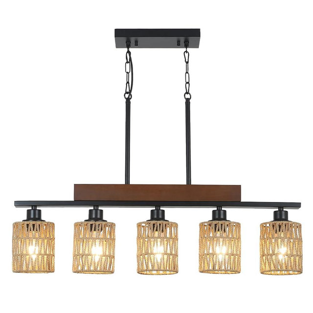 Rattan Farmhouse Chandeliers for Dining Room, Boho Kitchen Island Lighting, 5-Light Linear Chandelier Rectangle Pendant Lighting, Rustic Wood Chandeliers Black Hanging Light Fixtures for Living Room