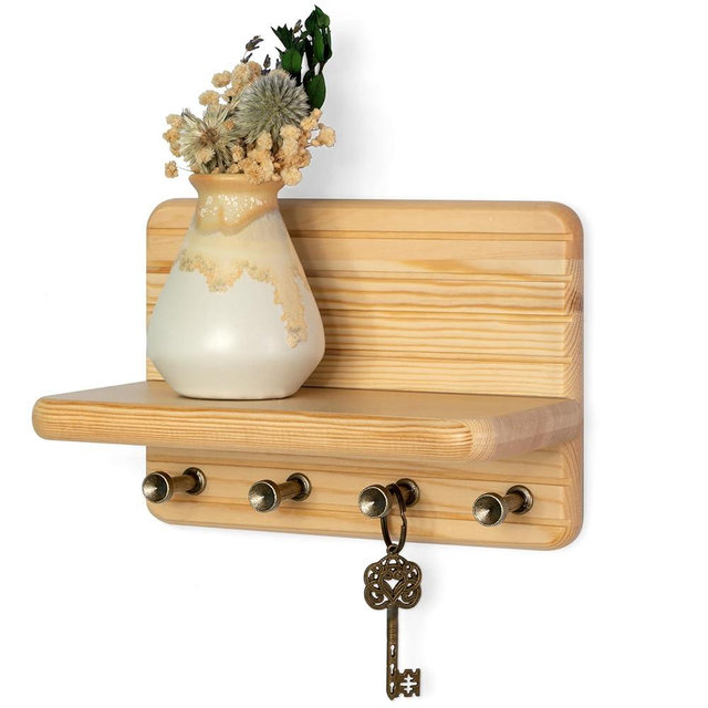 Rebee Vision Small Key Holder Wall Mount for Home Organization – Decorative 7-inch Pine Wooden Key Holder for Wall with 4 Hooks & Floating Shelf - Stylish Home Decor Solution (Natural Wood)
