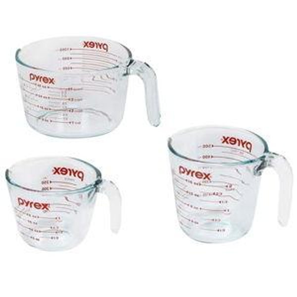 Pyrex 3 Piece Measuring Cup Set, Includes 1, 2, and 4 Tempered Glass Liquid Measuring Cups, Dishwasher, Freezer, Microwave, and Oven Safe, Essential Kitchen Tools
