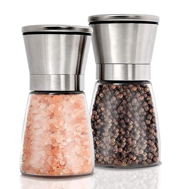 Salt and Pepper Grinder Set Glass Stainless Steel Salt Grinder and Pepper Mill Refillable Salt and Pepper Shakers Adjustable Coarseness-2Pcs