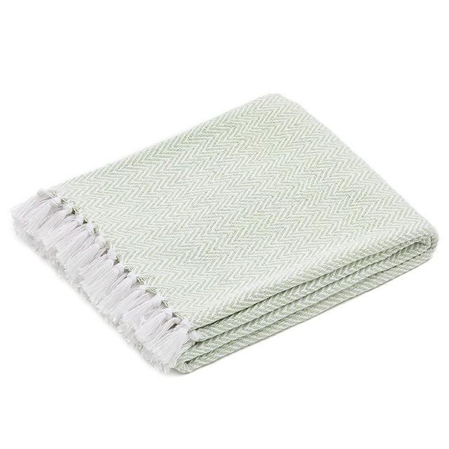 Americanflat Zaina Seafoam and White Herringbone Cotton Blanket Throw with Fringe - 50x60 Inches