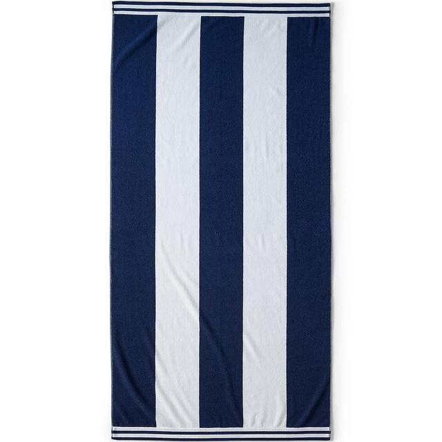 Lands' End Rugby Stripe Deep Sea Navy White Stripe Bath- Beach Towel