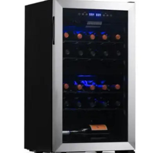 NewAir - Freestanding 28 Bottle Dual Zone Compressor Wine Fridge with Adjustable Racks and Exterior Digital Thermostat - Stainless Steel