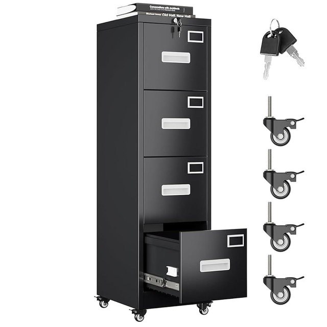 Aobabo 4 Drawer File Cabinet with Wheels, Lockable Metal Filing Cabinet with Name Card for Office and Home,Assembly Required,Black