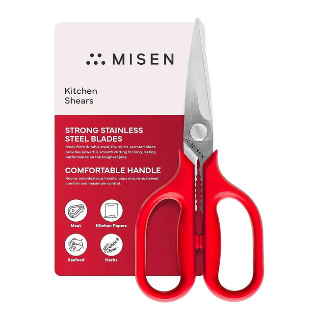 Misen Heavy Duty Kitchen Shears - Comfortable Ambidextrous Scissors for Meat, Poultry, Herbs & More - Easy to Clean - German Stainless Steel - Small | Red