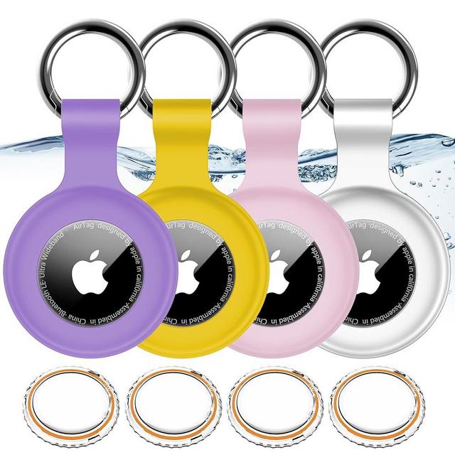 4 Pack,IPX8 Waterproof Airtag Holder for Apple Air Tags with Air Tag Keychain,Shockproof GPS Cover [Anti-Scratch] [PC+Silicone] Air-Tag Item Finders Case for Pets,Kids,Luggage-White/Pink/Purple/Yellow