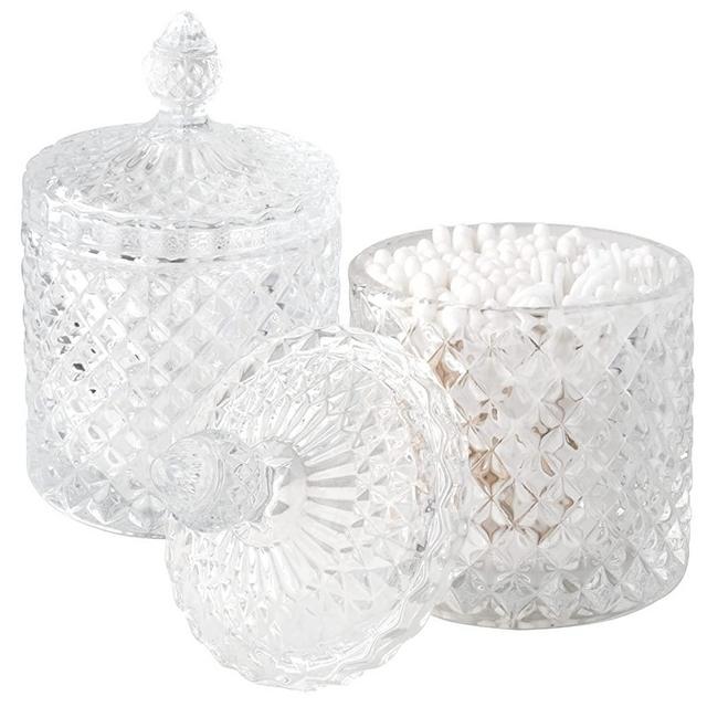 rejomiik Qtip Holder Glass Apothecary Jars with Lid Bathroom Accessories Vanity Organizers and Makeup Storage for Cotton Ball, Swabs, Makeup Sponges, Candy, Jewelry, 2 Pack Clear