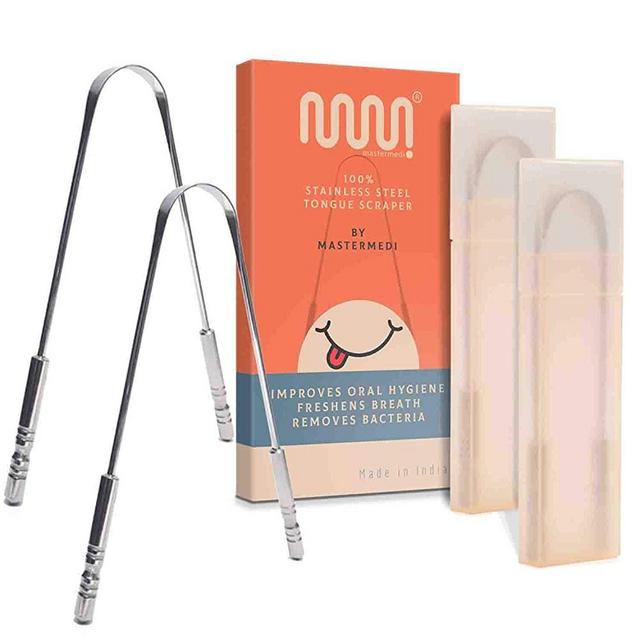 MasterMedi Tongue Cleaner Tongue Scraper Surgical Grade Stainless Steel Tongue Brush Dental Kit Professional Eliminate Bad Breath With Non-synthetic Grip (Set of 2 (with travel case))