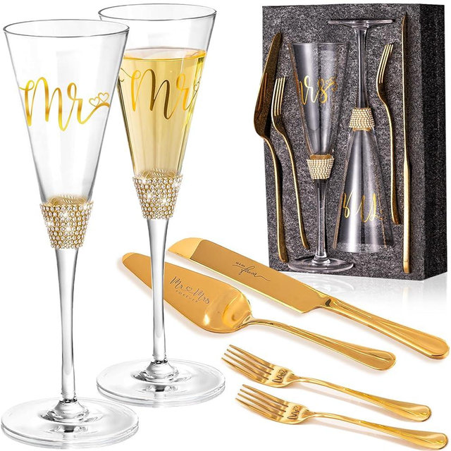VARLKA Wedding Cake Knife and Server Set, Mr and Mrs Champagne Flutes and Cake Cutting Set for Wedding Gifts, Gold Wedding Glasses for Bride and Groom for Bridal Shower Gifts (Gold)
