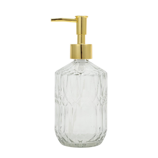 Unique Bargains Round Bottom Bamboo Grain Soap Dispenser 13.53oz Clear Gold Tone 1 Pc