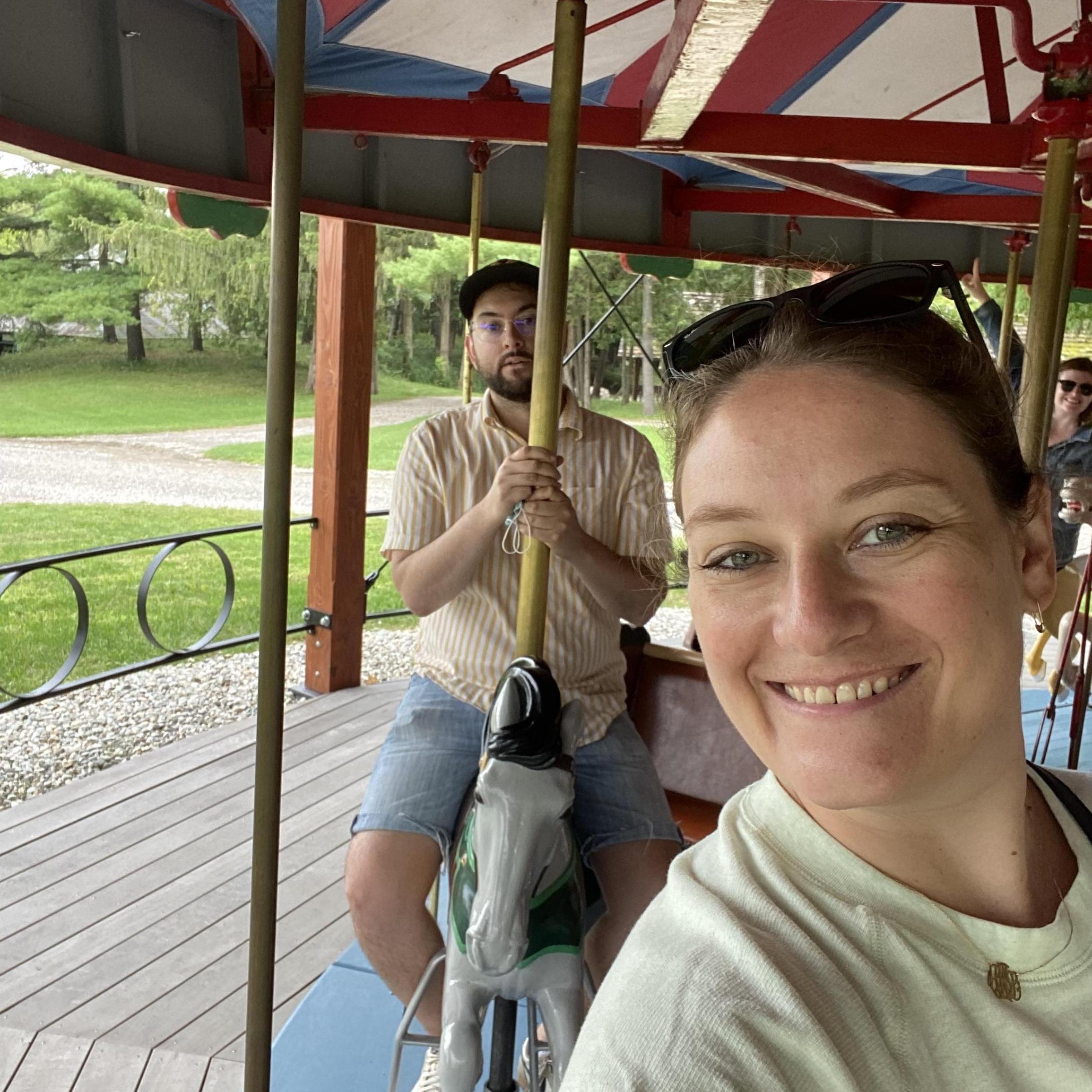 Riding the Shelburne Museum carousel in Shelburne, VT on September 9, 2021.
