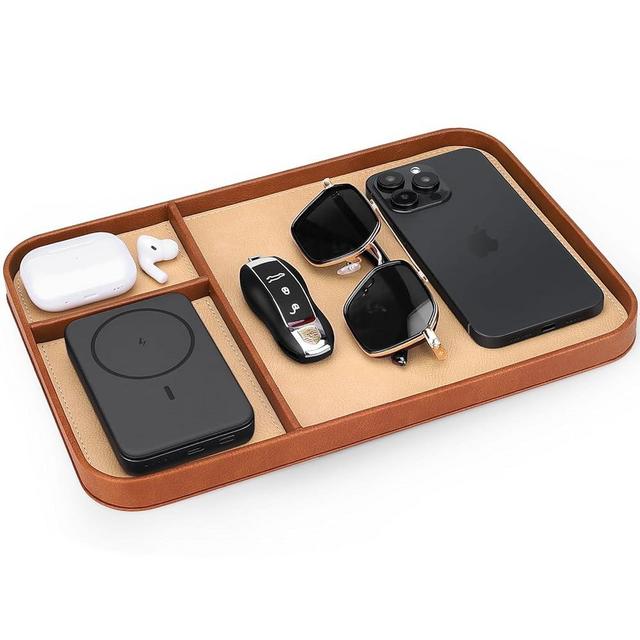 SENEN Leather Tray, Stylish and Organized Multifunctional Tray, for Table Entryway, Premium PU Leather, Catchall Tray for Keys, Watch, Wallet, Jewelry, and More (Brown Frame)