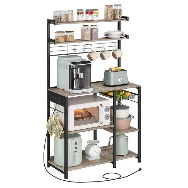 VASAGLE Bakers Rack with Power Outlet, 35.4 Inches Microwave Stand, Coffee Bar, 4 AC Outlets, with Adjustable Shelves, 8 S-Hooks, Basket, Spice Racks, Heather Greige and Ink Black UKKS031K02
