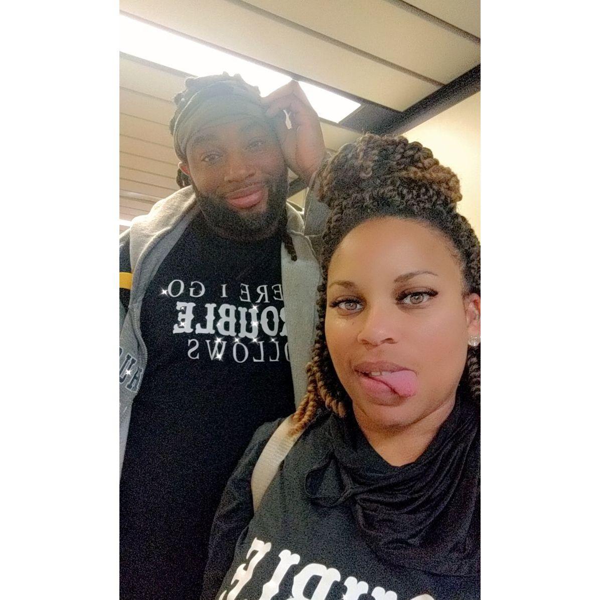 Boston trip for his cousin's wedding. We are wearing our matching "Trouble" shirts. His reads " Everywhere I go Trouble follows". Mine simply reads "Trouble" all caps. LOL