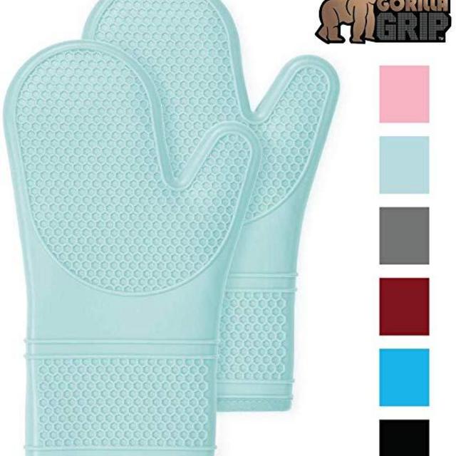 Gorilla Grip Premium Silicone Non Slip Oven Mitt Set, Flexible Oven Gloves, Professional Heat Resistant Kitchen Cooking Mitts, Protect Hands from Hot Surfaces, Cookie Sheets, Mint Green Pair, Set of 2