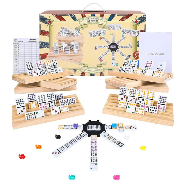 Gonoelec Mexican Train Dominoes Set Double 15, Dominoes Set for Adults and Family, Colored Dot - 136 Tiles in Tin Box, 9 Trains, Hub, 8PCS Wooden Trays