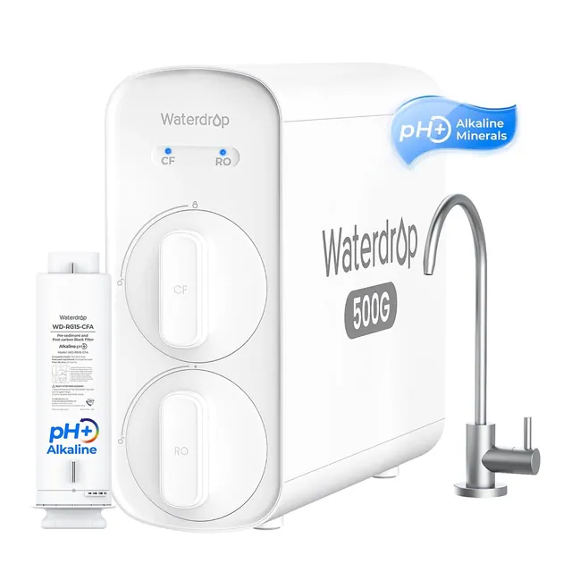 Waterdrop G5P500A Alkaline Mineral pH+ Reverse Osmosis Water System NSF 372 Certified, 8-Stage 2:1 Pure to Drain, 500GPD, Extra 1 G5P500A-CF Filter