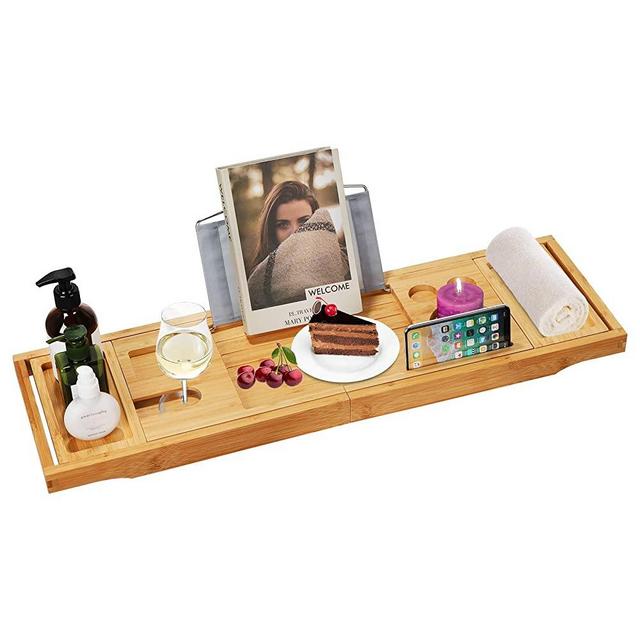 Foldable Bamboo Bathtub Caddy Bath Tub Tray Bridge Shower Shelves Organizer Tray, Extending Sides Built in Book Tablet Integrated Wineglass Holder Phone Tray & Accessories Placement