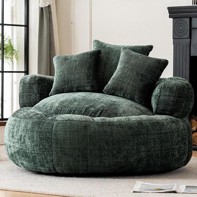 Giant Bean Bag Couch Chairs for Adults, Oversized Lazy Sofa with Memory Foam Filling and 3 Pillows, Soft Chenille Bean Bag Couch for Living Room Bedroom Dorm Apartment (Green)