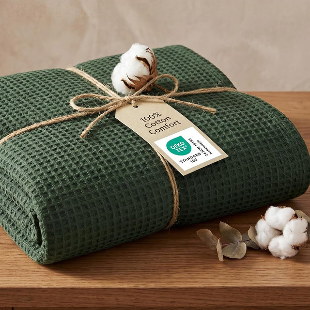 Bedsure GentleSoft 100% Cotton Blanket King Size for Bed - Breathable Lightweight and Soft, Basket Waffle Weave Woven Blankets for Summer, Home Decor, Olive Green, 108x90 inches
