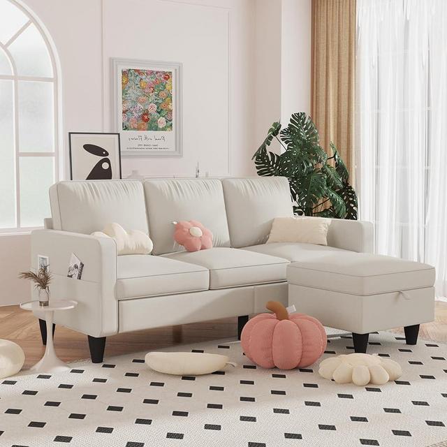 Lonkwa Convertible Sectional Sofa Couch, Beige 3 Seat L-Shaped Sofas with Movable Ottoman, Modern Linen Fabric Couches for Living Room, Apartment, Office, Small Space