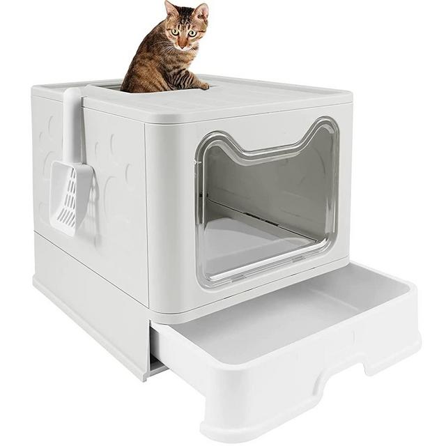voopet Foldable Cat Litter Box with Lid, Large Cat Litter Pan Drawer Type Cat Potty with Cat Litter Scoop Easy to Scoop & Anti-Splashing, 20" L x 16" W x 15" H