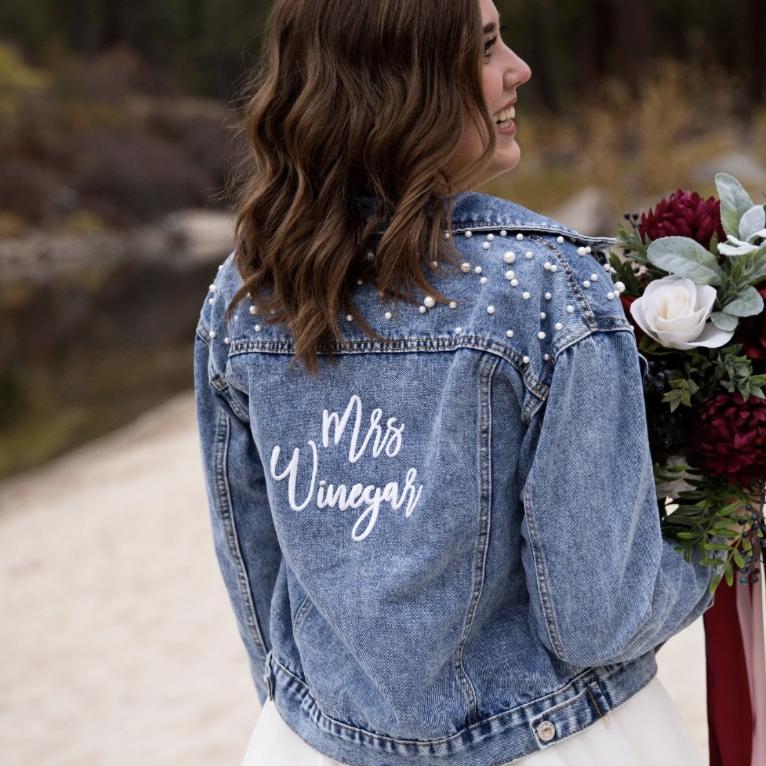 Embroidered Pearl Studded Jean Jacket for Bride