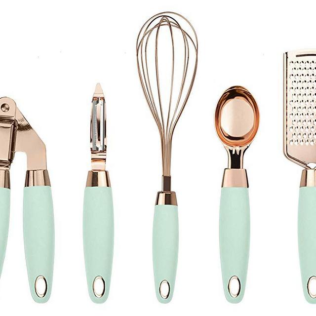 COOK With COLOR 7 Pc Kitchen Gadget Set Copper Coated Stainless Steel Utensils with Soft Touch Mint Handles